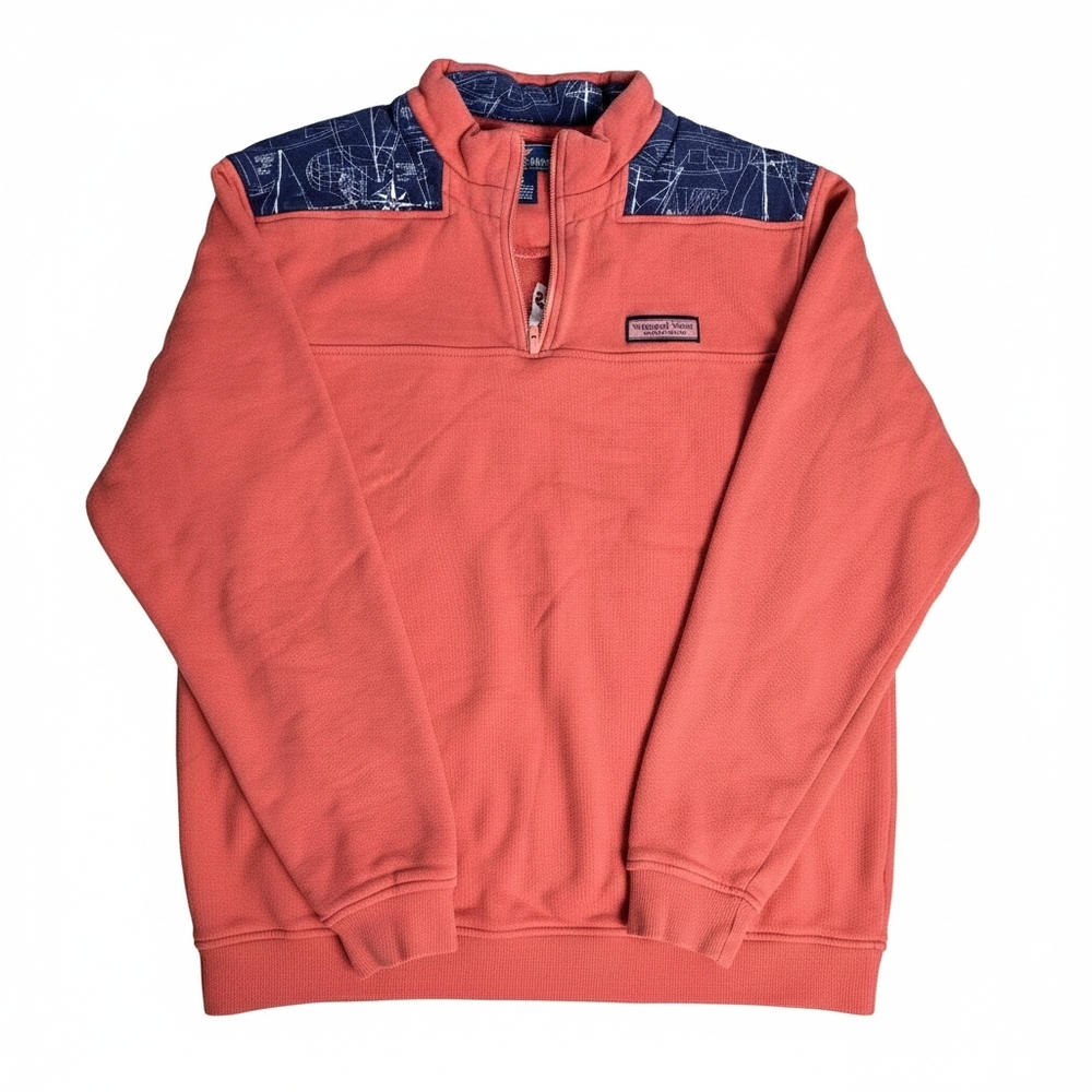 Vineyard Vines 1/4 Zip Pullover Coral Pink Whale Navy Nautical Map Size S